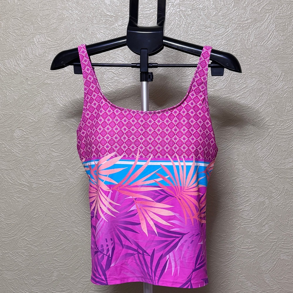 BEACH HOUSE pink palm Tankini Swim Top Adjustable Straps Geometric size 12